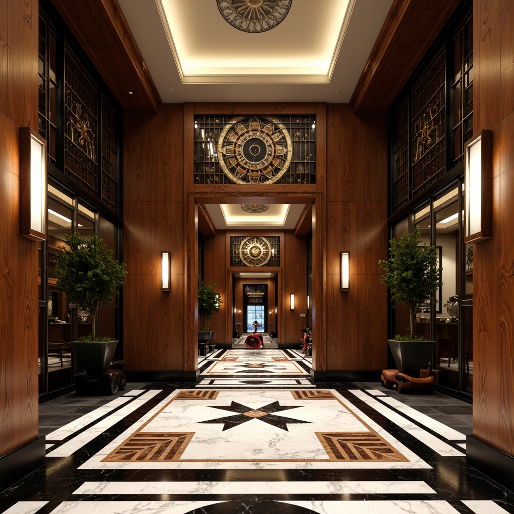 Prompt: Luxurious Art Deco interior, geometric patterned flooring, black and white marble tiles, inlaid wood designs, metallic accents, ornate borders, high-gloss finish, sunburst motifs, chevron patterns, herringbone designs, rich walnut wood tones, metallic inlays, bold color contrasts, opulent textures, dramatic lighting effects, low-angle shot, cinematic composition, detailed rendering, realistic reflections.