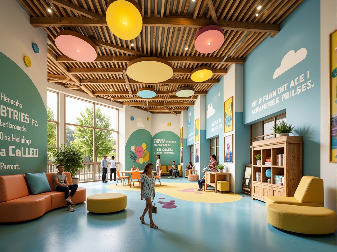 Prompt: Vibrant youth center, playful atmosphere, energetic colors, bright corridors, colorful murals, inspirational quotes, comfortable seating areas, natural wood accents, warm lighting, circular shapes, geometric patterns, bold typography, stimulating artwork, lively green walls, calming blue tones, sunny yellow hues, creamy white textures, soft pastel shades, eclectic furniture, functional storage units, collaborative workspaces, dynamic architectural features, airy open spaces, refreshing color scheme, 1/2 composition, natural light harvesting, gentle shadows.