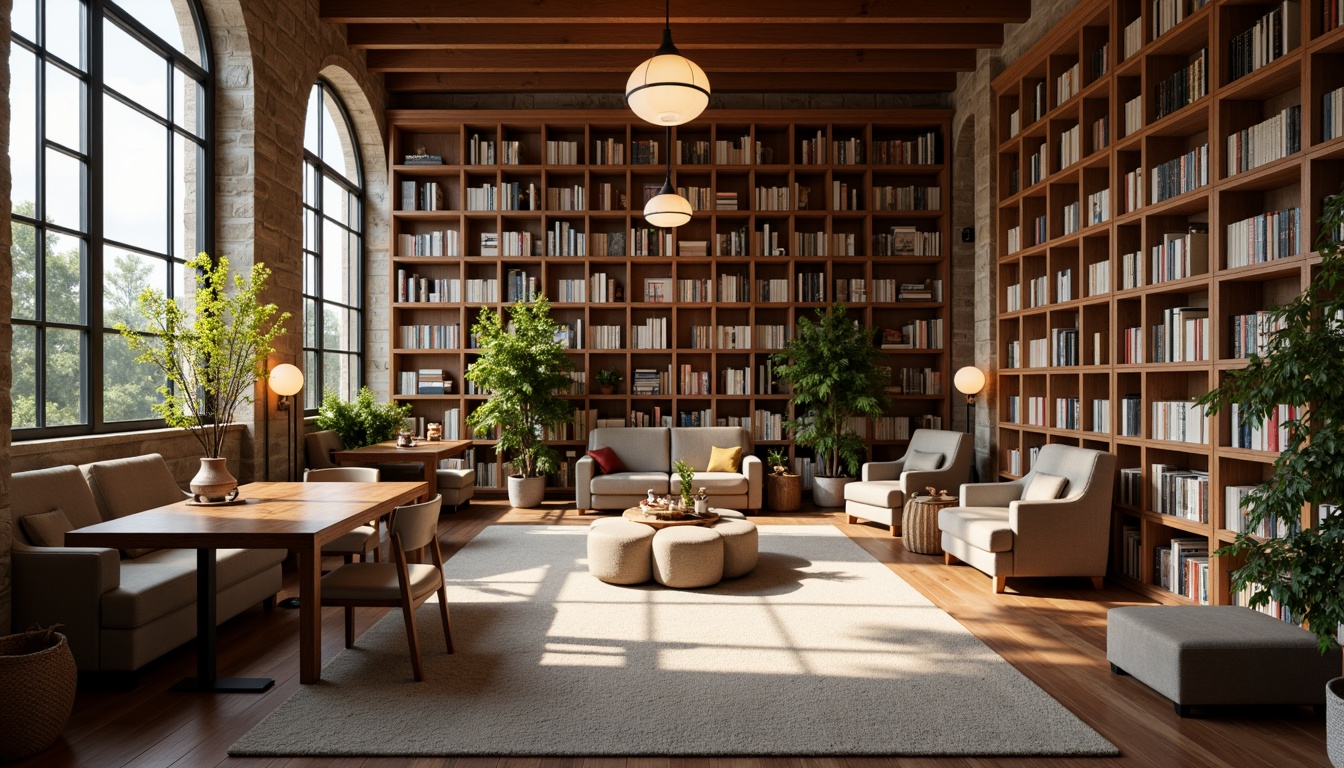 Prompt: Cozy library interior, warm wood tones, comfortable seating areas, soft carpet flooring, calming bookshelves, earthy color scheme, natural stone walls, floor-to-ceiling windows, abundant daylight, warm pendant lighting, plush armchairs, wooden desks, metal reading lamps, greenery, peaceful atmosphere, subtle textures, 1/1 composition, shallow depth of field, warm color temperature, soft focus, realistic rendering.