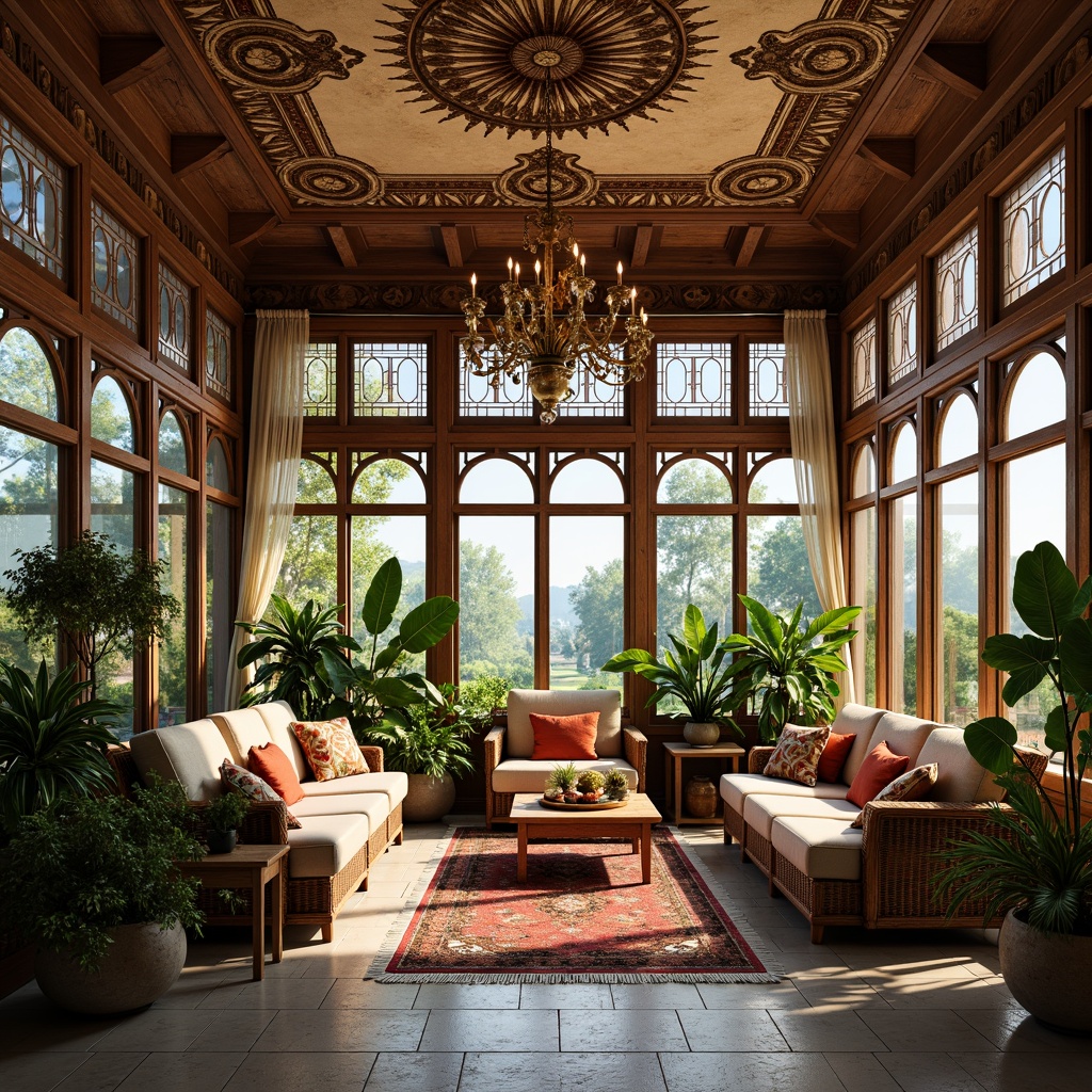 Prompt: Vibrant sunroom, ornate Victorian-style architecture, intricately carved wooden frames, stained glass windows, lush greenery, exotic plants, warm natural light, comfortable wicker furniture, plush cushions, delicate lace curtains, elegant chandeliers, polished marble floors, richly patterned rugs, soft warm color palette, subtle gradient lighting, shallow depth of field, 1/2 composition, realistic textures, ambient occlusion.