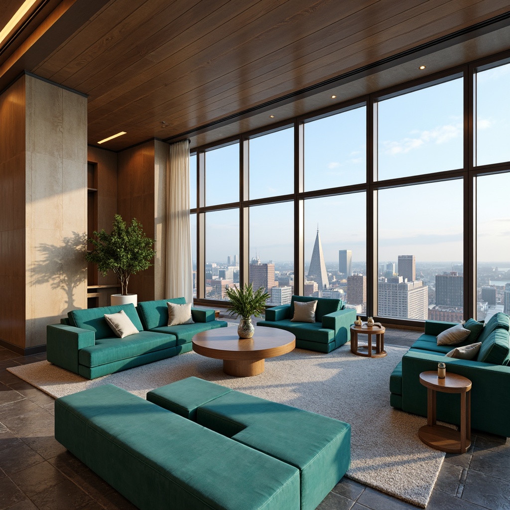 Prompt: Luxurious penthouse, modern urban oasis, sleek minimalist decor, rich wood accents, floor-to-ceiling windows, breathtaking city views, warm beige walls, cool gray tones, vibrant turquoise accents, plush velvet furnishings, metallic gold details, sophisticated neutral backgrounds, natural stone floors, ambient soft lighting, 3/4 composition, shallow depth of field, panoramic cityscape.