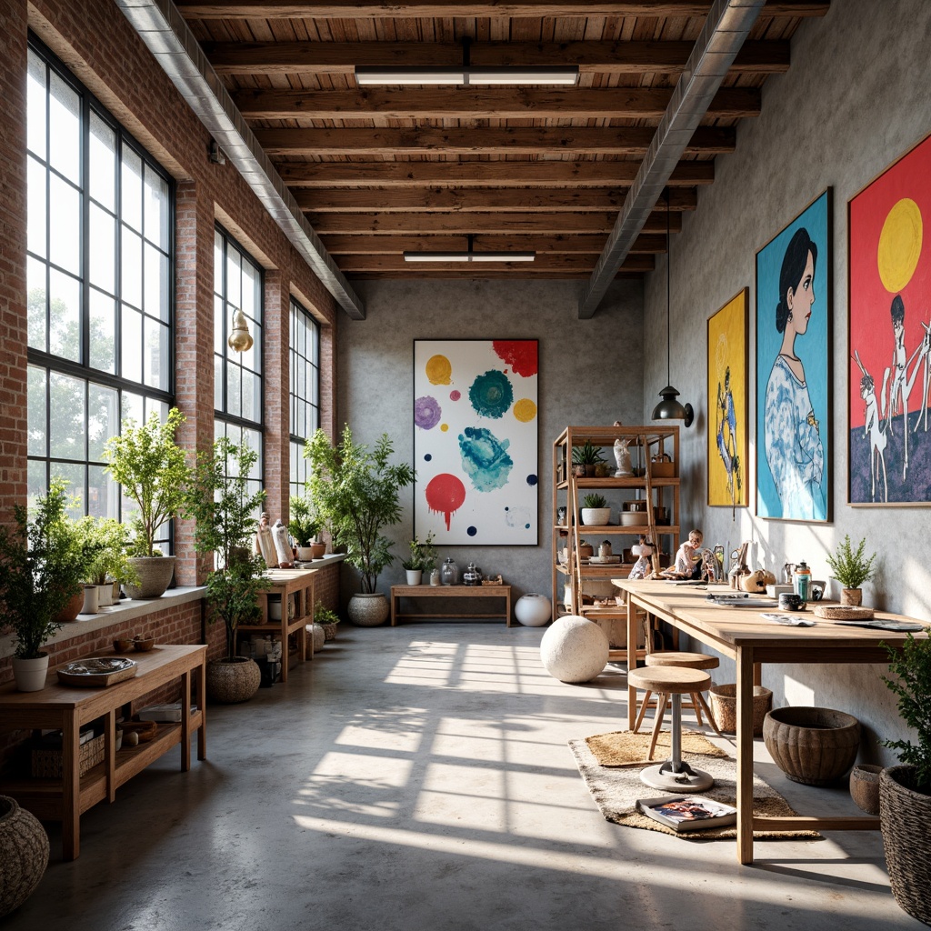 Prompt: Vibrant art studio, bold brushstrokes, eclectic artwork, pops of bright colors, pastel hues, abstract shapes, textured canvases, modern industrial architecture, exposed brick walls, polished concrete floors, sleek metal accents, geometric patterns, natural light pouring in, airy atmosphere, playful color blocking, 1/1 composition, high contrast ratio, dramatic shadows, realistic renderings.