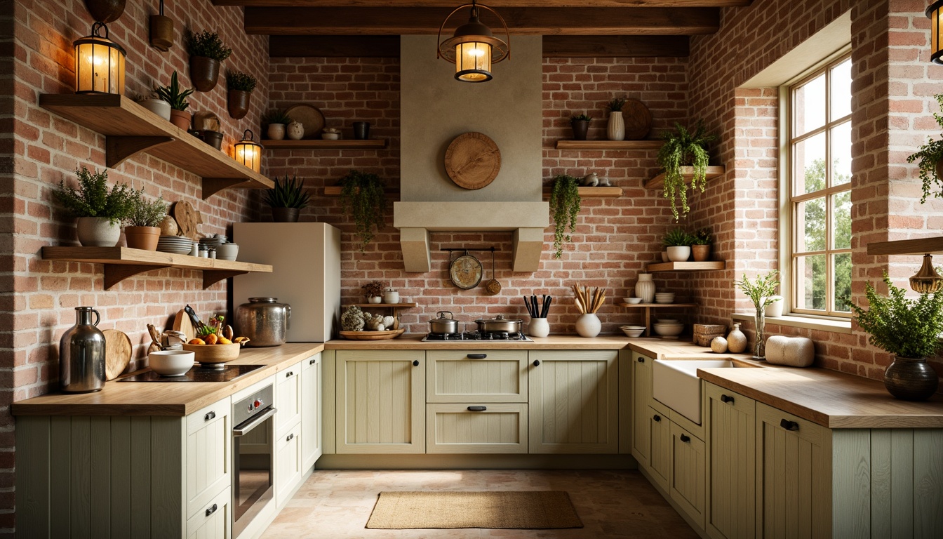 Prompt: Warm earthy tones, rustic wooden cabinets, creamy whites, soft sage greens, warm beige countertops, exposed brick walls, natural stone floors, distressed finishes, vintage metal hardware, pendant lanterns, warm golden lighting, shallow depth of field, 2/3 composition, cozy atmosphere, realistic textures, ambient occlusion.