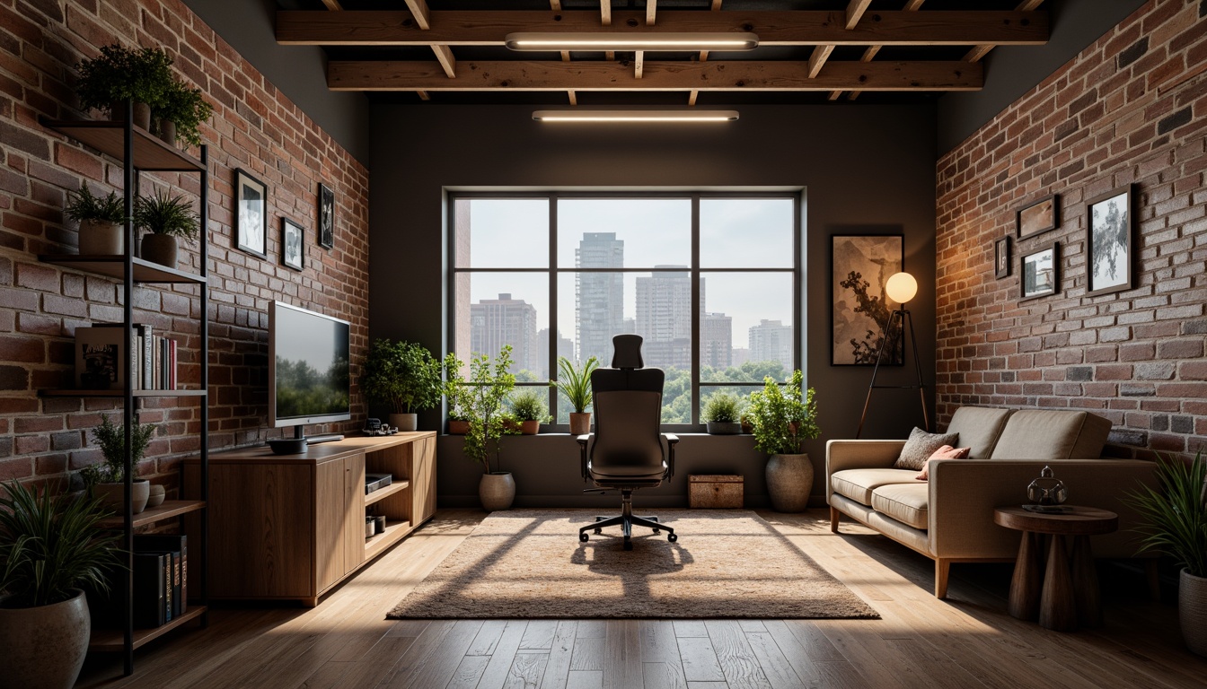 Prompt: Minimalist game room, industrial chic decor, reclaimed wood flooring, exposed brick walls, modern low-profile furniture, sleek TV stand, compact gaming station, ergonomic gaming chair, floor-to-ceiling shelves, minimalist lighting fixtures, warm ambient glow, shallow depth of field, 2/3 composition, realistic textures, subtle normal mapping.