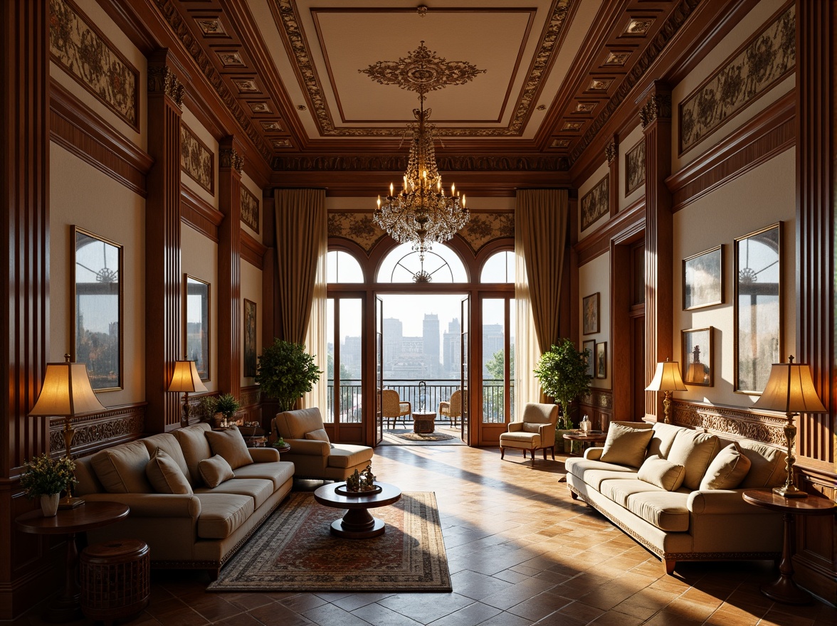 Prompt: Ornate classicism-style apartment, intricate moldings, ornamental plasterwork, luxurious fabrics, rich wood tones, carved wooden furniture, gilded accents, crystal chandeliers, grand scale, high ceilings, arched windows, balcony with iron railings, cityscape views, warm golden lighting, soft focus, shallow depth of field, 1/1 composition, realistic textures, ambient occlusion.