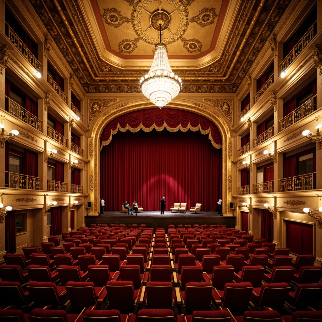 Prompt: Elegant opera house interior, transitional style seating arrangement, rich velvet upholstery, golden ornate details, crimson red curtains, intricate plasterwork ceiling, crystal chandeliers, majestic stage presence, grand balconies, ornate metal railings, polished wooden floors, subtle warm lighting, shallow depth of field, 1/1 composition, symmetrical framing, realistic textures, ambient occlusion.