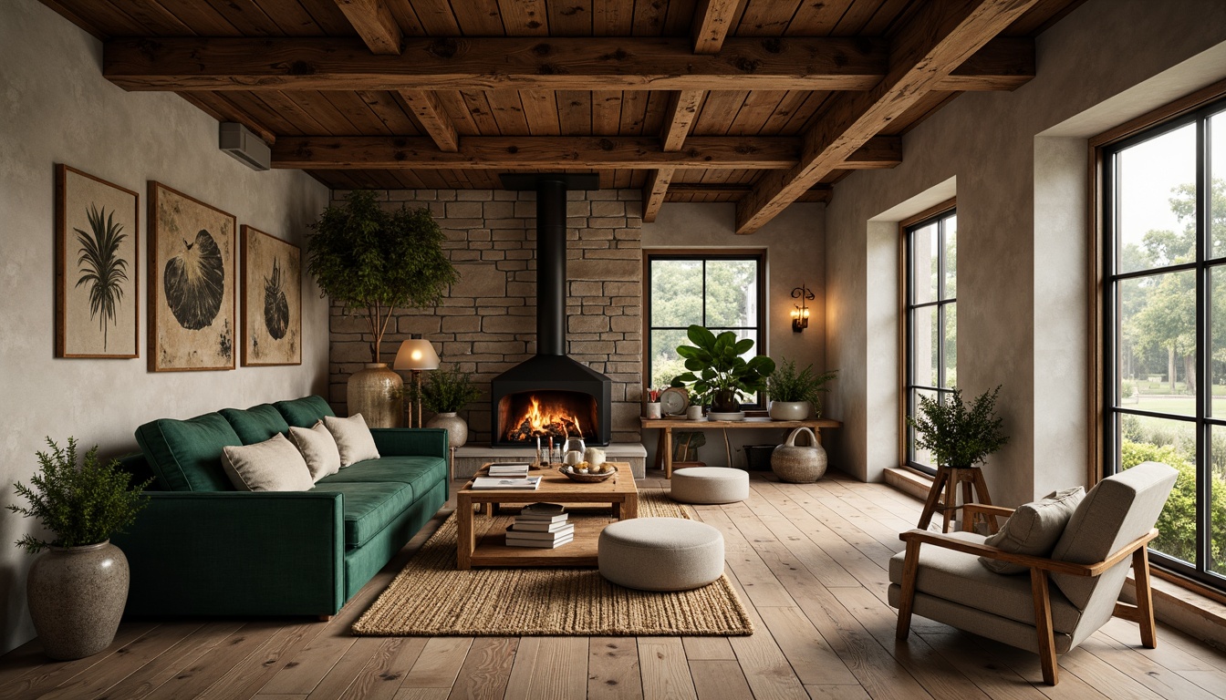 Prompt: Earthy living room, natural stone walls, reclaimed wood flooring, exposed wooden beams, industrial metal accents, rustic brick fireplace, plush green velvet sofa, woven jute rug, potted plants, organic textiles, warm candlelight, shallow depth of field, 1/1 composition, softbox lighting, realistic wood grain textures, ambient occlusion.