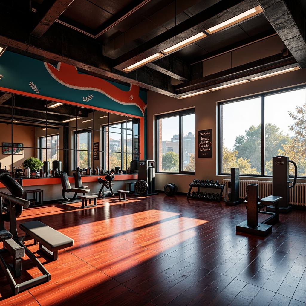 Prompt: Vibrant fitness studio, high-intensity lighting, dynamic color temperature, motivational quotes, sleek metal equipment, mirrored walls, polished wood floors, energetic atmosphere, morning sunlight, soft warm glow, subtle shadows, 3/4 composition, shallow depth of field, realistic textures, ambient occlusion.