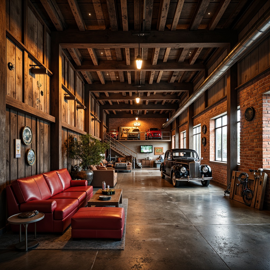 Prompt: Rustic garage interior, warm earthy tones, distressed wood accents, industrial metal beams, exposed brick walls, vintage car displays, rich leather upholstery, metallic chrome fixtures, bold red accents, softbox lighting, shallow depth of field, 2/3 composition, realistic textures, ambient occlusion.