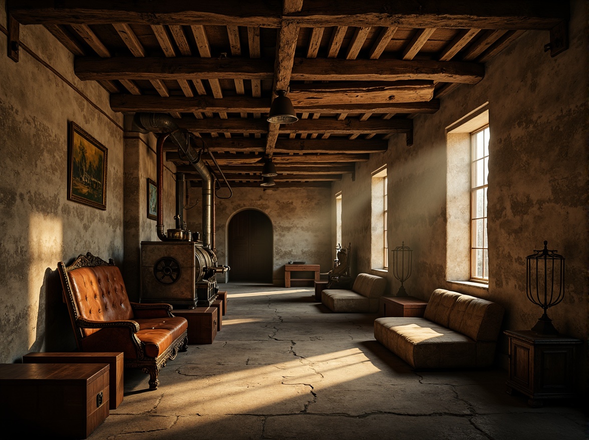 Prompt: Rustic monastery walls, distressed stonework, worn wooden beams, industrial metal pipes, dimly lit corridors, eerie shadows, vintage machinery, reclaimed wood accents, distressed leather upholstery, ornate stone carvings, mysterious ambiance, warm golden lighting, atmospheric fog, shallow depth of field, 1/2 composition, cinematic view, realistic textures, ambient occlusion.