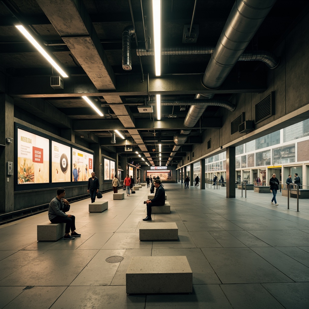 Prompt: Underground train station, minimalist architecture, clean lines, industrial materials, exposed ductwork, concrete floors, steel beams, functional lighting, soft warm glow, LED strips, indirect illumination, subtle color temperatures, neutral tone palette, calm atmosphere, quiet ambiance, morning commute, rush hour bustle, urban cityscape, metropolitan feel, modern signage, sleek benches, minimalist advertisements, subtle branding, natural stone accents, industrial-chic decor.