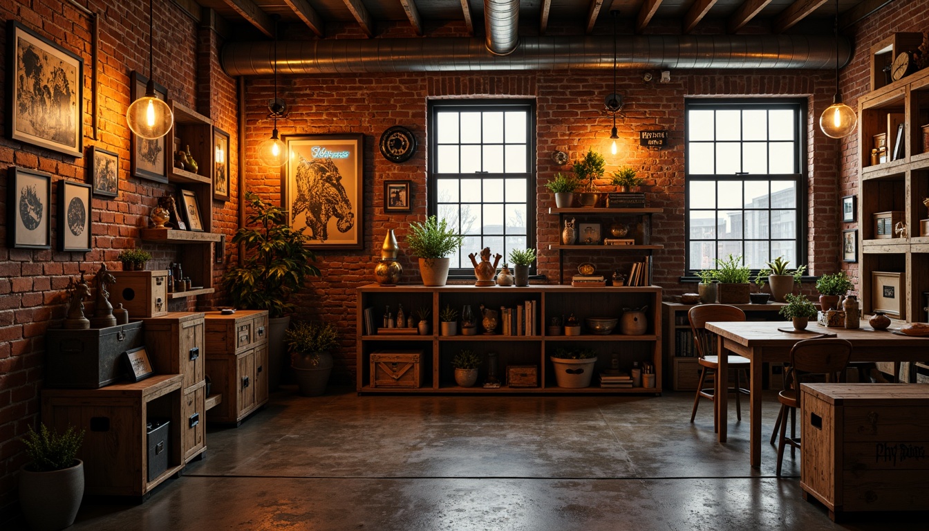 Prompt: Retro-industrial storage room, exposed brick walls, distressed wooden crates, vintage metal shelves, eclectic decorative objects, abstract artwork, neon signs, Edison bulb pendant lights, industrial-style metal fixtures, reclaimed wood accents, urban loft atmosphere, warm golden lighting, dramatic shadows, high contrast ratio, 1/2 composition, shallow depth of field, gritty textures, ambient occlusion.