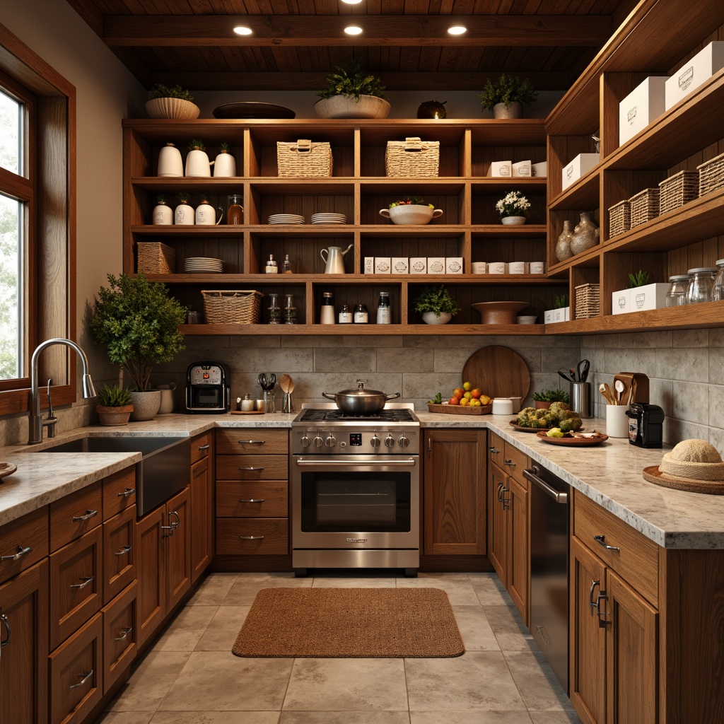 Prompt: Cozy pantry, warm wooden shelves, rustic cabinets, earthy tones, ceramic jars, woven baskets, vintage kitchen utensils, soft warm lighting, shallow depth of field, 3/4 composition, panoramic view, realistic textures, ambient occlusion, natural stone countertops, reclaimed wood accents, farmhouse-style decor, modern appliances, stainless steel finishes, sleek handles, aromatic spices, fresh fruits, artisanal cheeses, gourmet snacks.Please let me know if this meets your requirements!