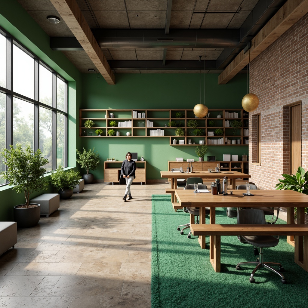 Prompt: Modern office space, sleek wooden desks, ergonomic chairs, vibrant green walls, natural stone flooring, industrial metal accents, cozy carpeted areas, minimalist decor, large windows, abundant natural light, soft warm ambiance, shallow depth of field, 3/4 composition, realistic textures, ambient occlusion.