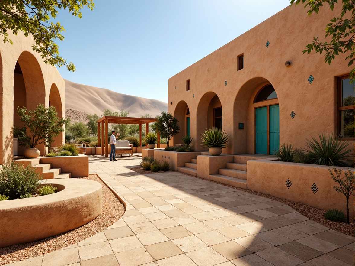 Prompt: Earth-toned adobe walls, rough-hewn stone textures, warm beige stucco, rustic wooden accents, vibrant turquoise decorations, geometric patterned tiles, sandy dune-inspired color palette, dramatic desert landscape views, bright sunny day, soft warm lighting, shallow depth of field, 3/4 composition, realistic textures, ambient occlusion.