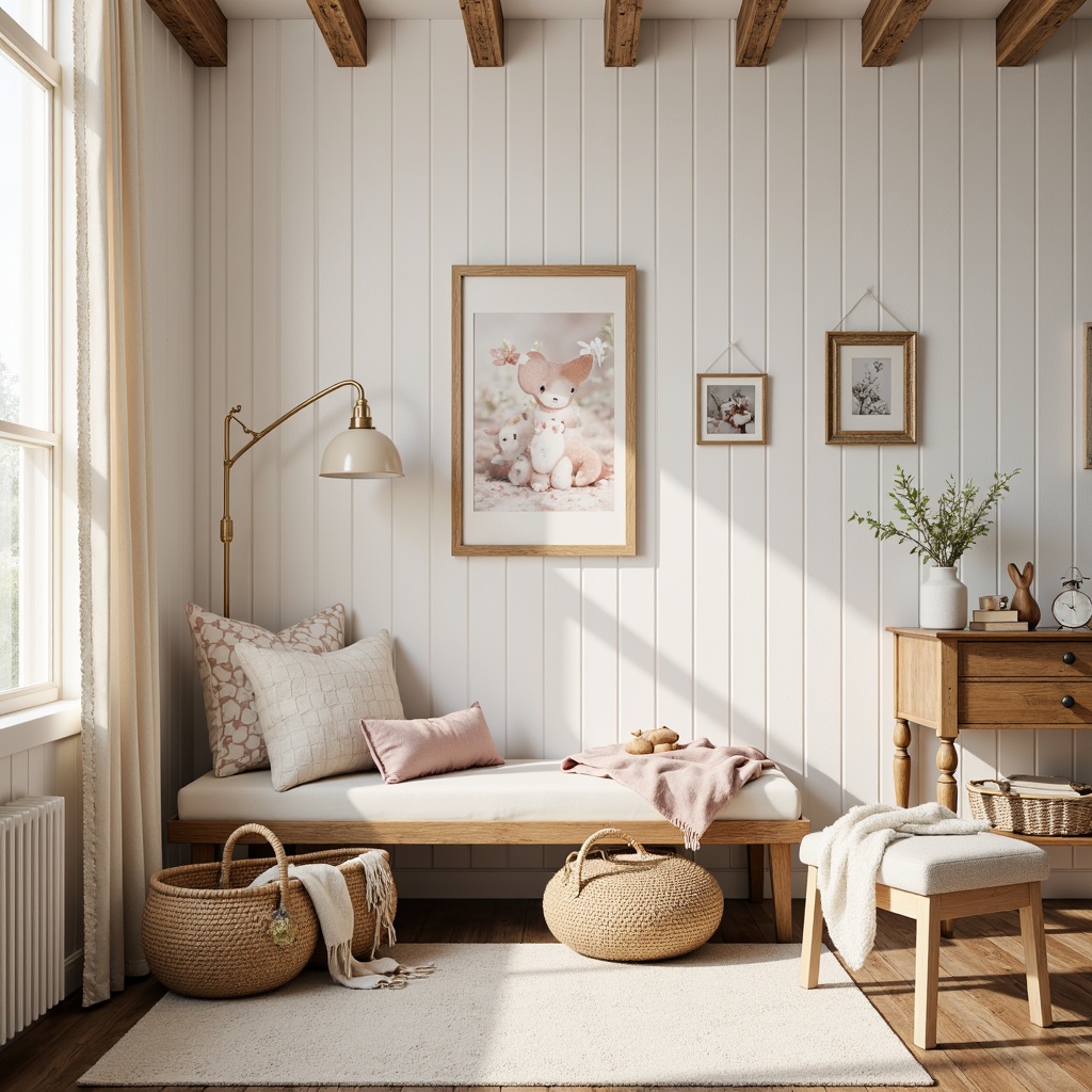 Prompt: Soft creamy whites, warm beige tones, distressed wood accents, vintage rustic metal frames, floral patterns, pastel hues, baby animal illustrations, natural woven baskets, plush area rugs, cozy reading nooks, farmhouse-inspired wooden furniture, white shiplap walls, exposed beam ceilings, gentle morning light, 1/1 composition, intimate close-up shots, soft focus blur, warm comforting atmosphere.