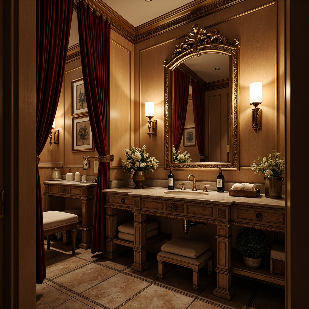 Prompt: Elegant powder room, soft warm lighting, ornate mirrors, luxurious fabrics, velvet drapes, carved wooden paneling, antique furniture pieces, distressed finishes, rich jewel tones, metallic accents, subtle sheen, intricate moldings, classic architectural details, refined textures, shallow depth of field, 1/1 composition, intimate atmosphere, subtle color palette.