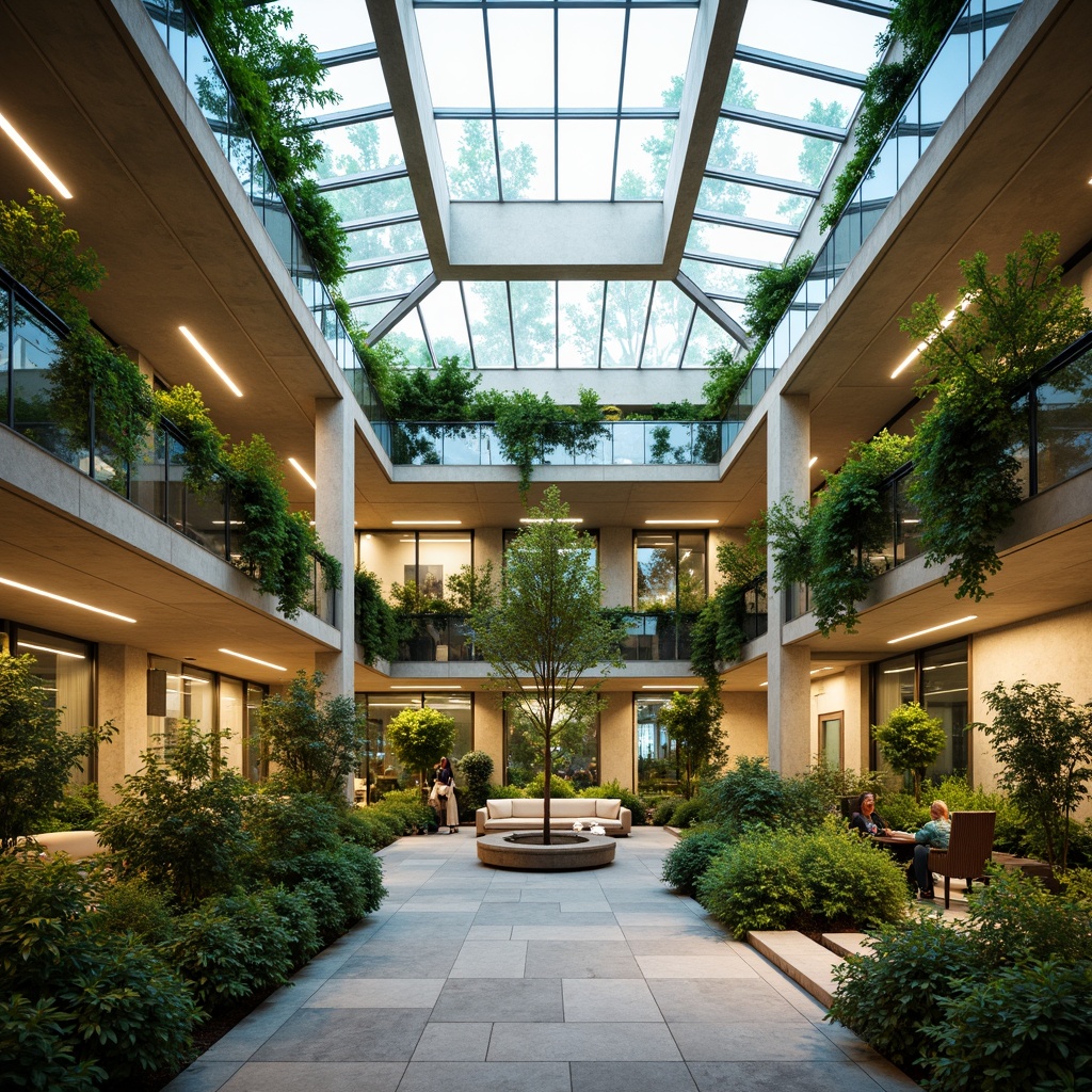 Prompt: Vibrant atrium, lush greenery, natural stone walls, floor-to-ceiling windows, transparent glass roofs, skylights, clerestory windows, soft warm lighting, diffused shadows, minimalist decor, light-colored furniture, reflective surfaces, bright open spaces, airy atmosphere, modern architecture, sustainable design, energy-efficient solutions, solar tubes, eco-friendly materials, organic textures, earthy color palette, serene ambiance.