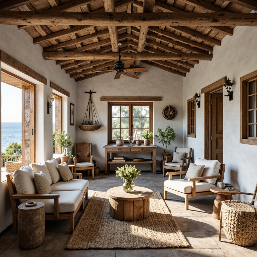 Prompt: Rustic coastal farmhouse, weathered wood accents, exposed beams with distressed finishes, natural stone walls, vintage nautical decorations, driftwood furniture, linen upholstery, jute rugs, earthy color palette, soft ocean breezes, warm sunny day, shallow depth of field, 1/2 composition, rustic wooden doors, galvanized metal roofs, reclaimed wood floors, woven sea grass textures, ambient occlusion.