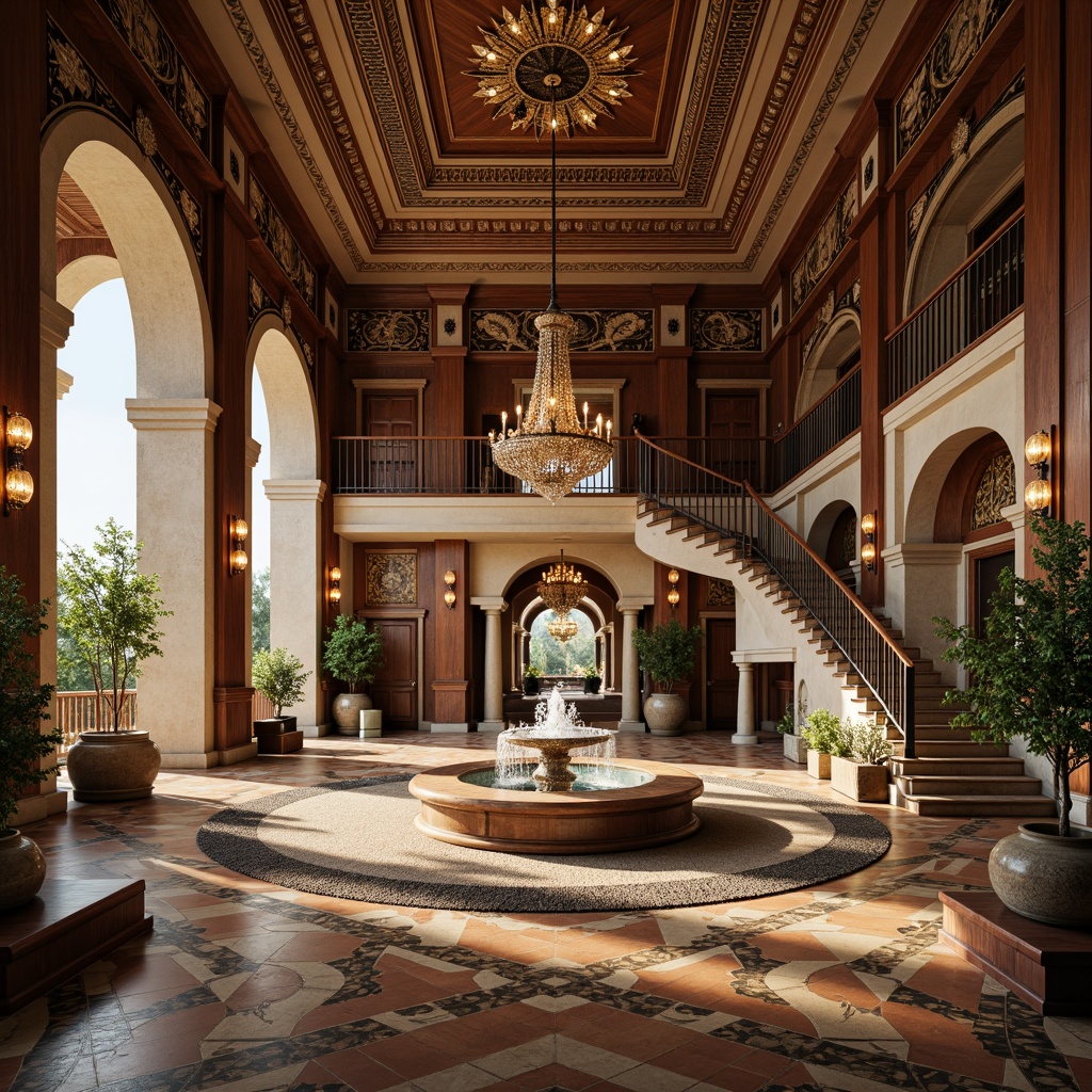 Prompt: Elegant Renaissance-style palace, ornate fountains, intricately carved stone walls, polished marble floors, inlaid wood patterns, lavish chandeliers, grand staircases, richly textured rugs, warm golden lighting, soft focus blur, 1/2 composition, symmetrical framing, highly detailed textures, ambient occlusion.