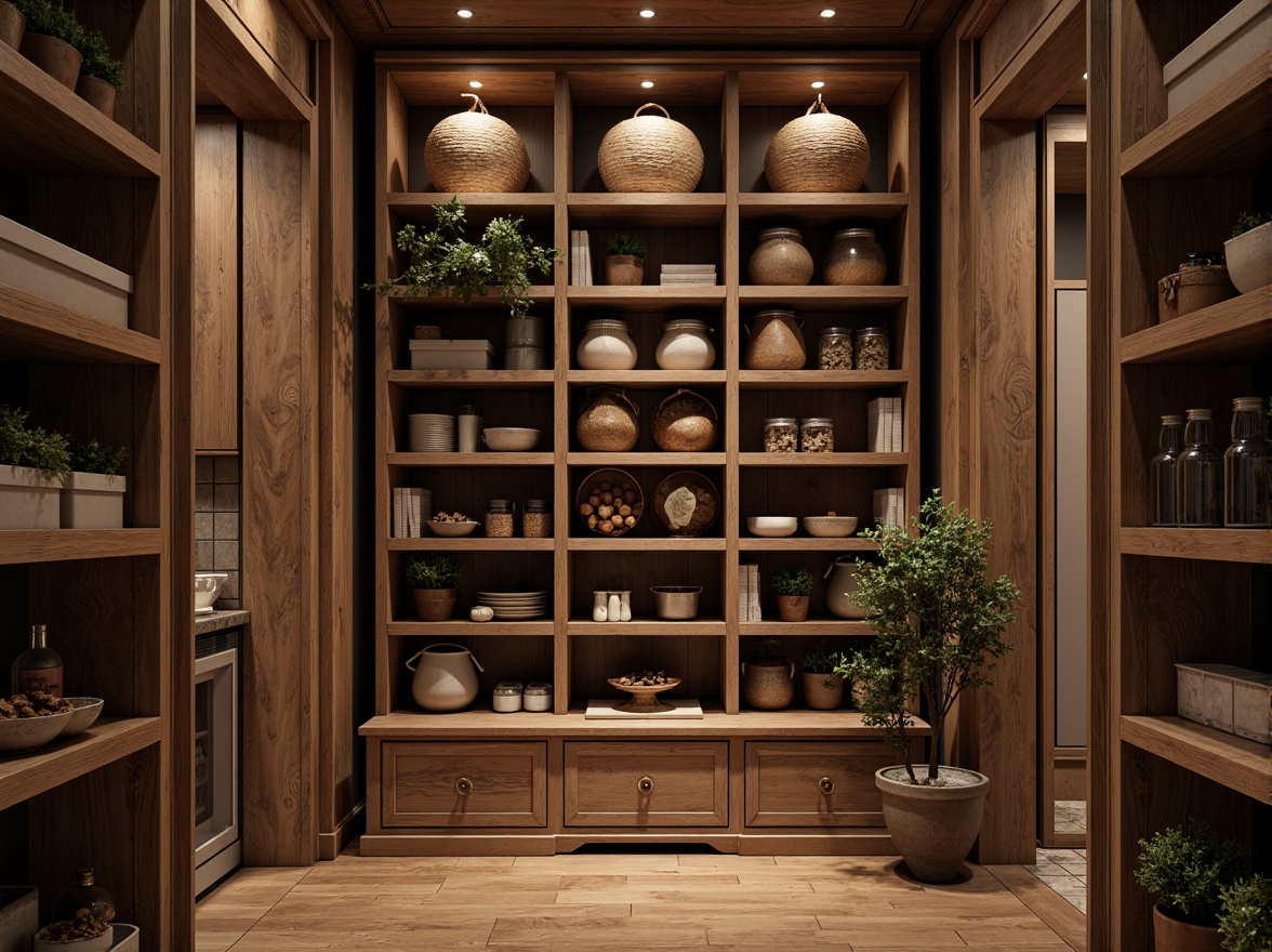 Prompt: Tall pantry shelves, rich wood tones, ornate metal brackets, academic-inspired carvings, soft warm lighting, elegant storage bins, vintage-style knobs, distressed finishes, earthy color palette, cozy nooks, rustic textures, subtle aromas, 1/1 composition, shallow depth of field, realistic renderings.