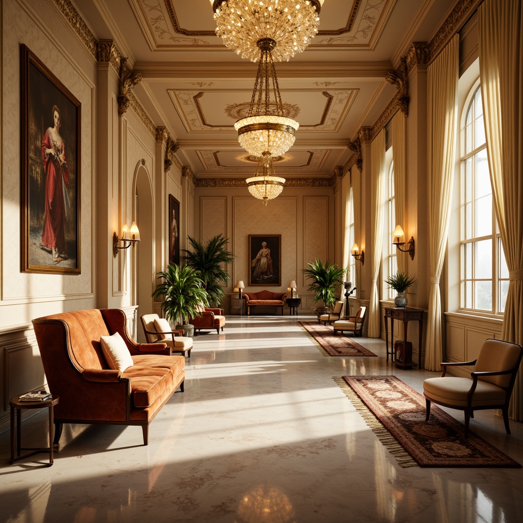 Prompt: Elegant interior, ornate furnishings, rich velvet fabrics, warm beige walls, soft golden lighting, intricate moldings, carved wooden details, luxurious marble floors, subtle cream accents, refined crystal chandeliers, stately columns, vintage bronze hardware, lavish draperies, serene atmosphere, shallow depth of field, 1/1 composition, realistic textures, ambient occlusion.