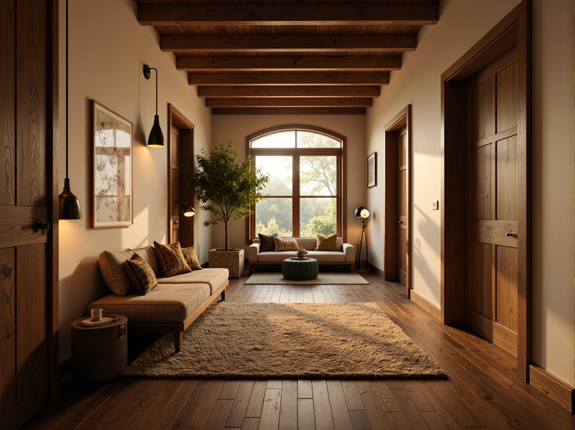 Prompt: Warm inviting hallway, rustic wood flooring, soft creamy walls, plush area rug, comfortable seating nook, warm ambient lighting, table lamps, floor lamps, pendant lights, metal shades, earthy tones, natural textures, cozy reading areas, intimate scale, layered lighting, warm color temperatures, relaxed atmosphere, soft shadows, 1/2 composition, realistic rendering.