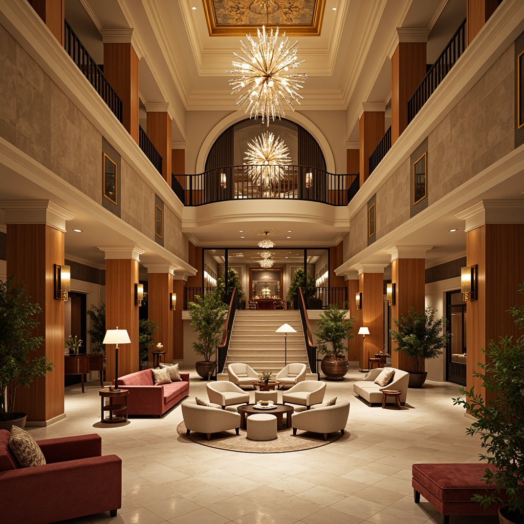 Prompt: Elegant hotel lobby, rich wood paneling, marble floors, ornate chandeliers, luxurious velvet furniture, warm beige walls, cream-colored ceilings, soft golden lighting, subtle texture overlays, classic Greek columns, intricate moldings, refined bronze accents, sophisticated color scheme, earthy tones, muted pastels, warm neutrals, inviting atmosphere, grand staircase, spacious open areas, dramatic drapery, ornate mirrors, lavish furnishings, serene ambiance, warm candlelight, shallow depth of field, 1/2 composition.