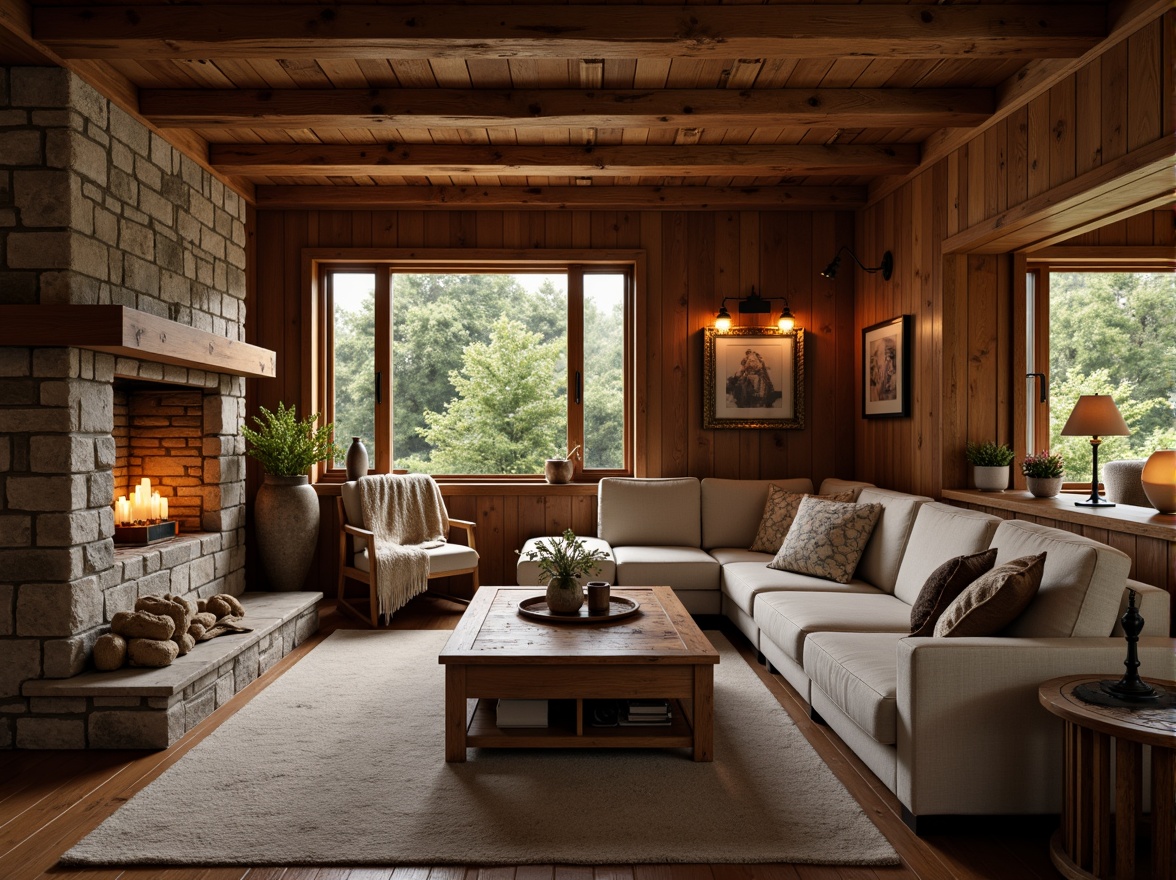 Prompt: Cozy living room, exposed wooden beams, natural wood tones, earthy color palette, comfortable sofas, plush throw blankets, rustic wooden furniture, vintage metal lighting fixtures, stone fireplace, warm candlelight, shallow depth of field, 2/3 composition, soft warm lighting, realistic textures, ambient occlusion.