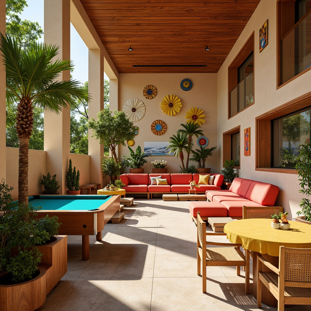 Prompt: Vibrant student hall, tropical color scheme, warm beige walls, rich wood accents, bright coral furniture, lush greenery, exotic palm trees, colorful floral patterns, sunny yellow decorations, ocean-inspired blues, turquoise pool tables, natural rattan chairs, woven bamboo textiles, soft ambient lighting, 1/1 composition, shallow depth of field, realistic reflections.