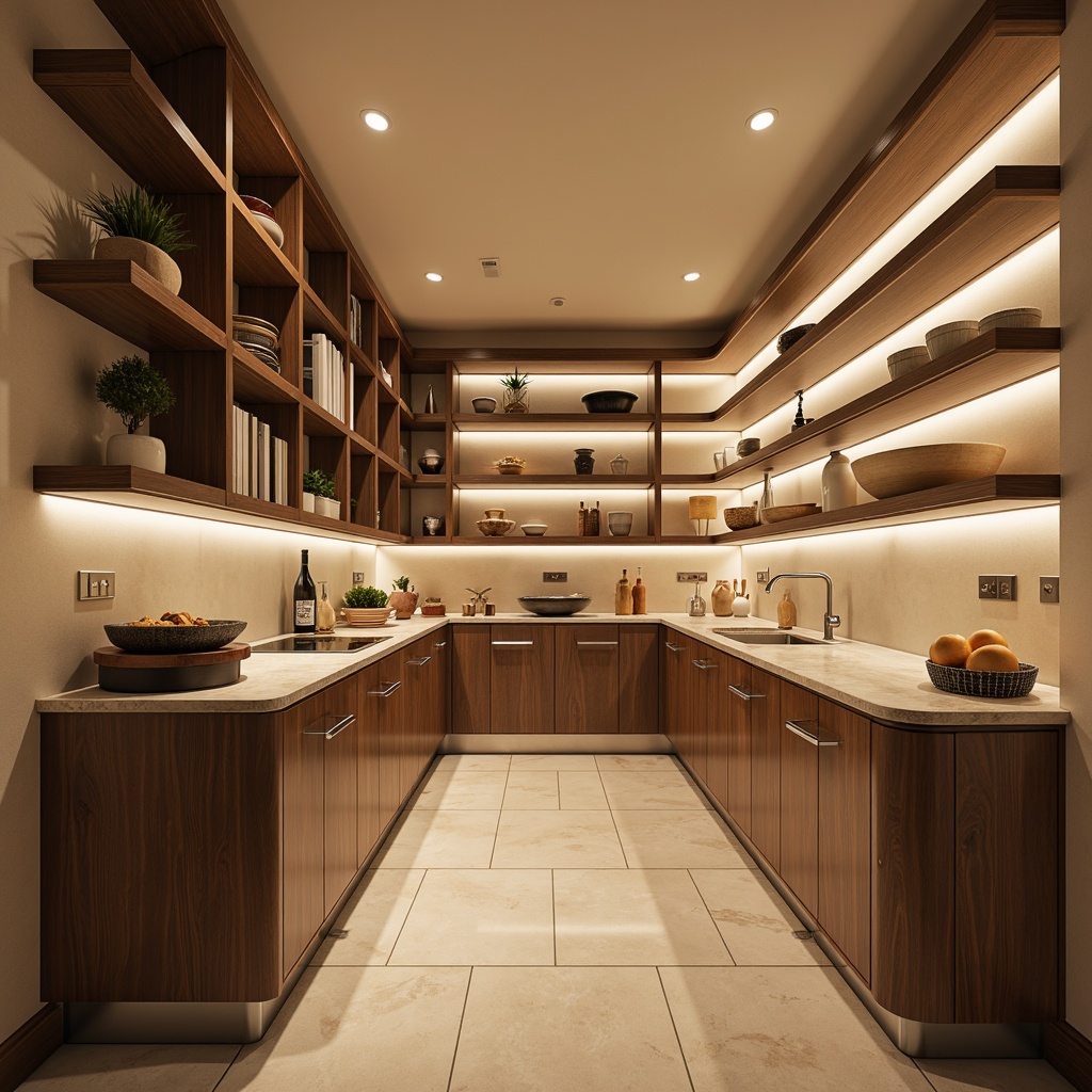 Prompt: Cozy pantry interior, warm white LED lights, soft ambient glow, recessed ceiling fixtures, under-cabinet task lighting, polished chrome finishes, reflective glass shelves, rich wood tones, natural stone countertops, modern minimalist decor, sleek handle-free cabinets, open shelving, abundant storage space, warm beige walls, creamy whites, subtle texture contrast, shallow depth of field, 1/1 composition, realistic renderings, ambient occlusion.