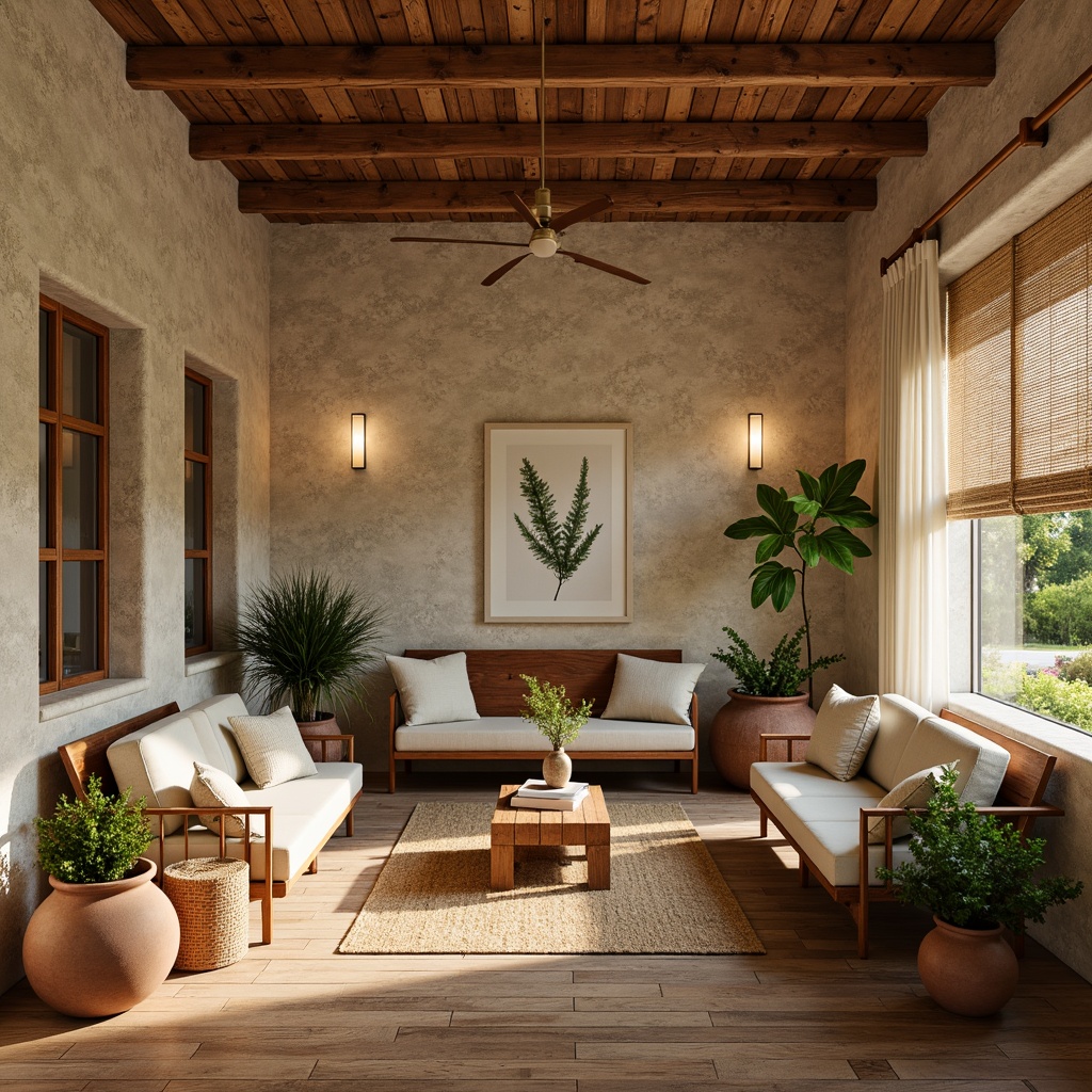 Prompt: Earthy interior, natural stone walls, reclaimed wood flooring, woven jute rugs, earth-toned ceramics, terracotta planters, soft warm lighting, cozy ambiance, minimalist decor, organic textures, wooden accents, nature-inspired artwork, botanical prints, linen upholstery, rattan furniture, woven bamboo shades, tranquil atmosphere, shallow depth of field, 1/1 composition, realistic rendering.