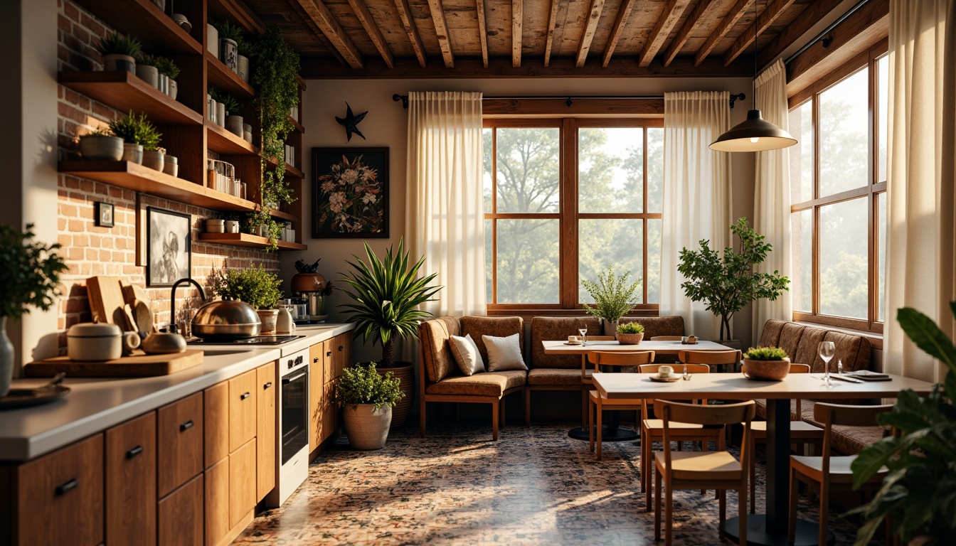 Prompt: Cozy breakfast nook, eclectic decor, vintage furniture, distressed wood accents, colorful ceramic tiles, natural stone countertops, pendant lighting, large windows, soft white curtains, morning sunlight, warm golden lighting, shallow depth of field, 1/1 composition, realistic textures, ambient occlusion.