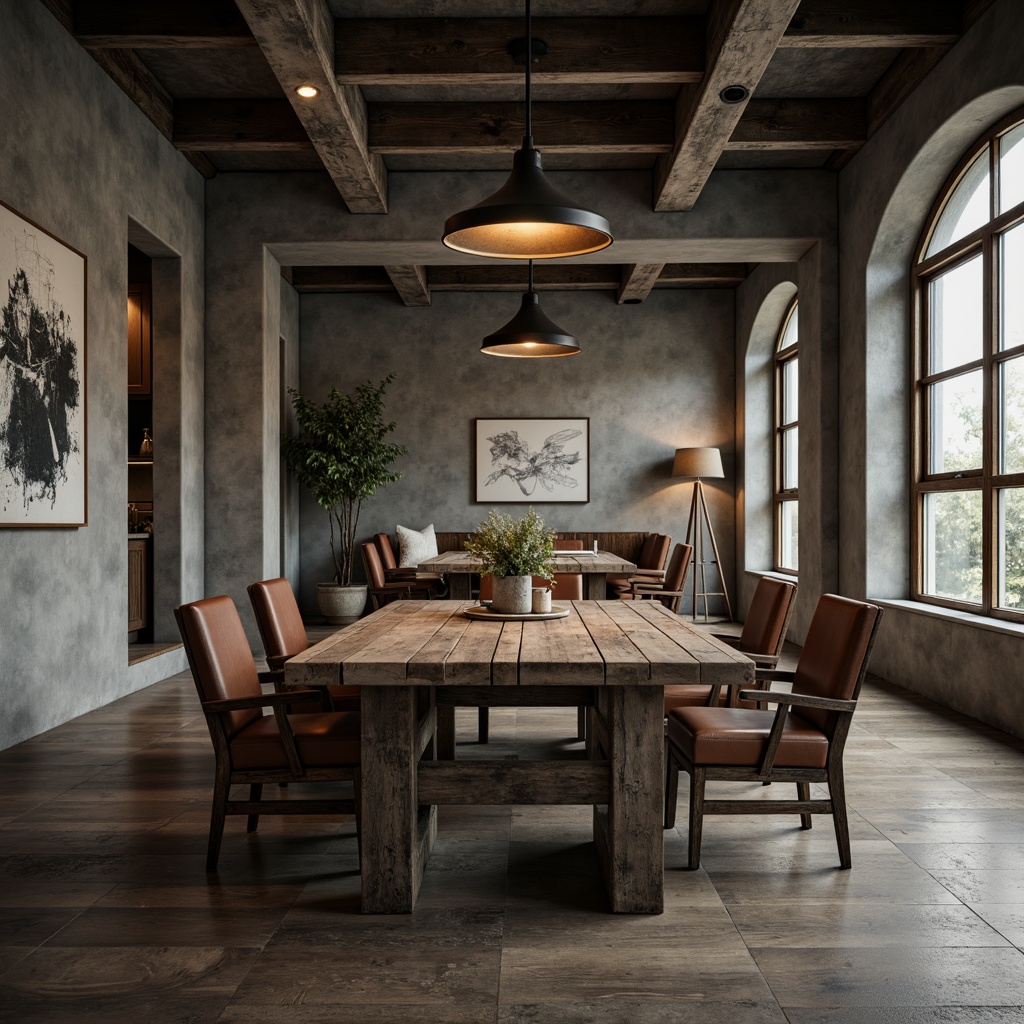 Prompt: Rugged brutalist dining room, exposed concrete walls, raw wooden furniture, chunky metal legs, industrial-style lighting fixtures, minimalist decor, monochromatic color scheme, cold harsh lighting, dramatic shadows, low-angle photography, cinematic mood, worn leather upholstery, reclaimed wood accents, bold geometric patterns, abstract artwork, moody atmospheric ambiance, shallow depth of field, 2/3 composition, warm color grading.