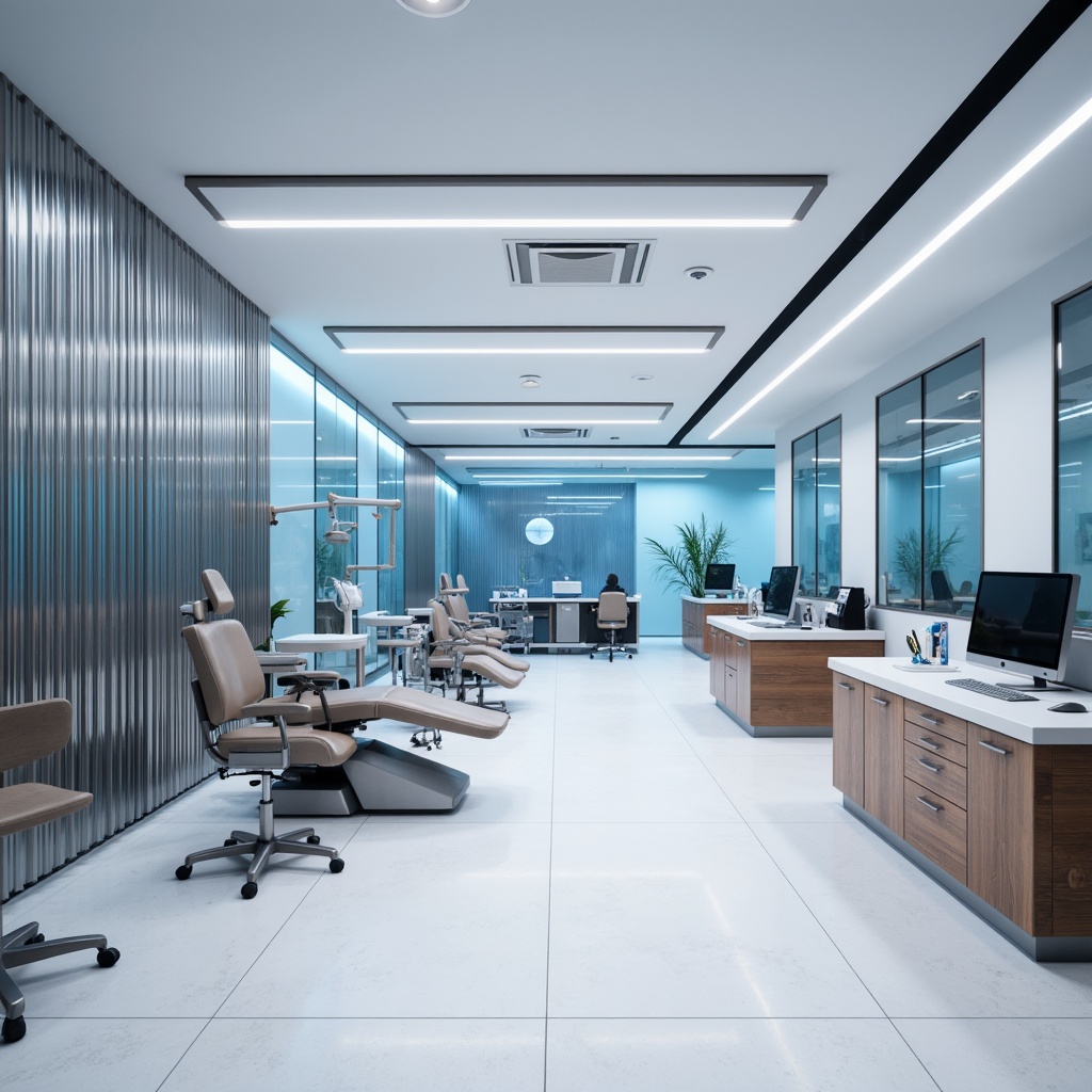 Prompt: Modern dental clinic interior, corrugated metal accent walls, stainless steel equipment, sleek glass partitions, minimalist decor, sterile white floors, bright LED lighting, comfortable patient chairs, ergonomic dentist stools, natural wood reception desks, calming blue color scheme, subtle texture contrasts, shallow depth of field, 1/1 composition, realistic reflections, ambient occlusion.