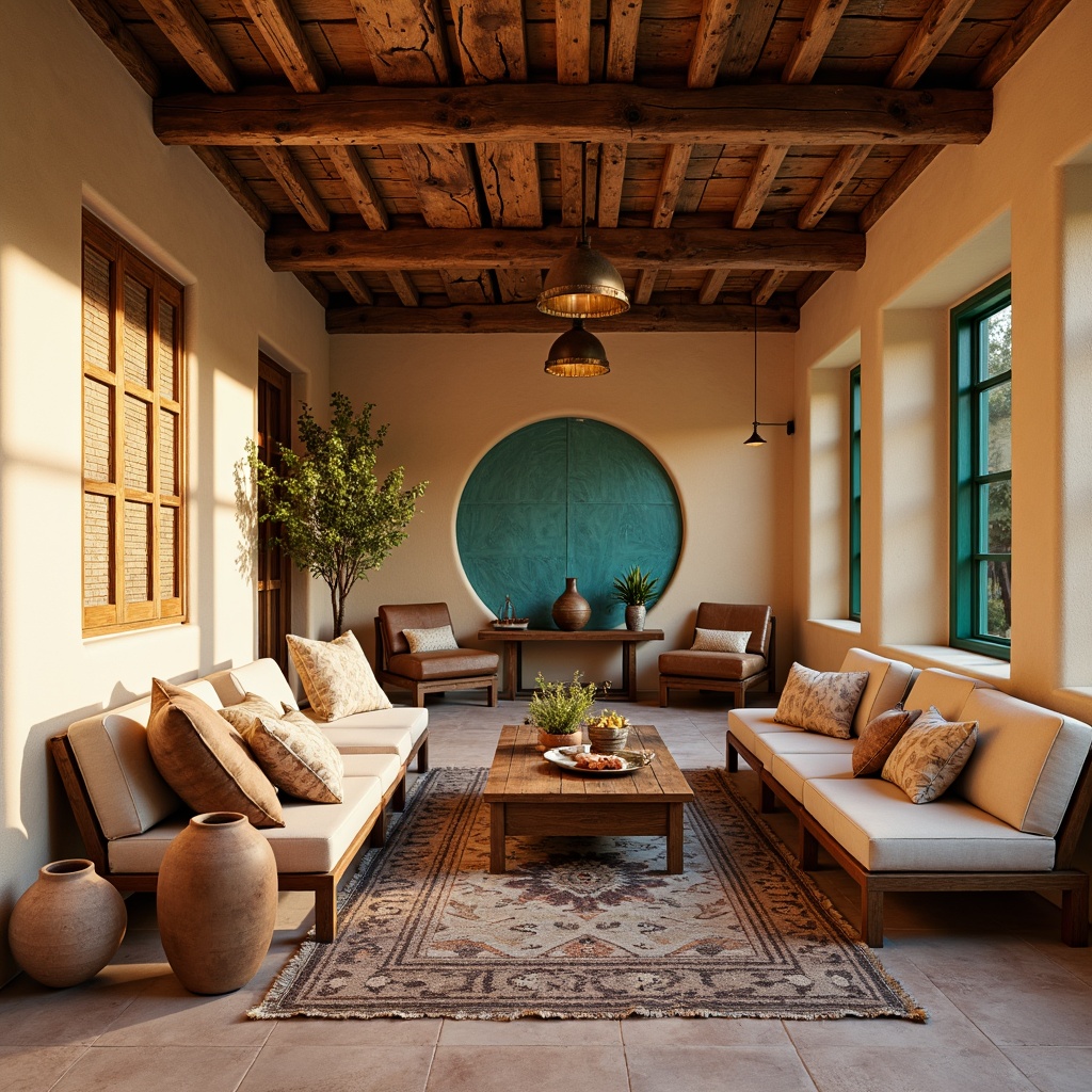 Prompt: Southwestern adobe villa, earthy tones, rustic wooden accents, woven textiles, vibrant turquoise, sandy beige walls, leather-bound furniture, reclaimed wood benches, geometric patterned rugs, pendant lanterns, natural fiber upholstery, terracotta pottery, cacti arrangements, warm golden lighting, shallow depth of field, 1/1 composition, realistic textures.