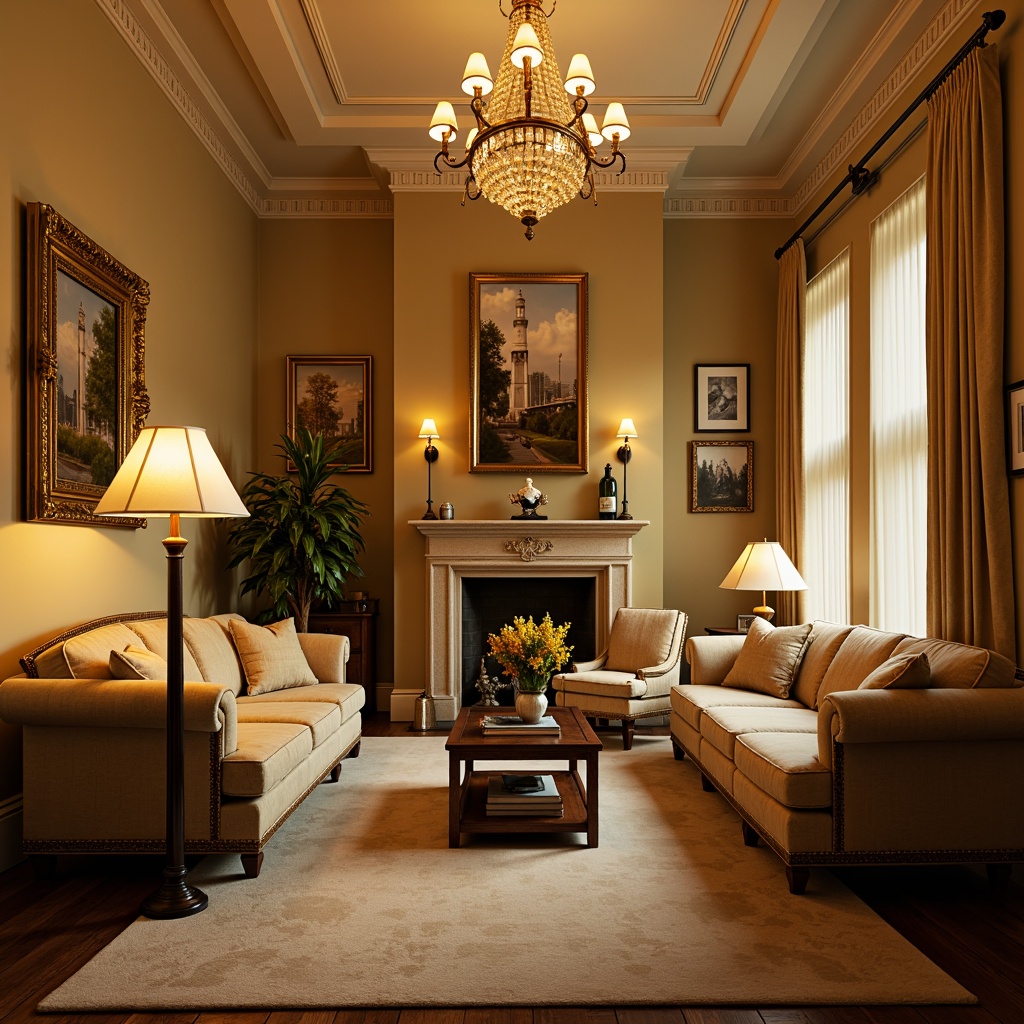 Prompt: Cozy traditional living room, warm beige walls, rich wood furniture, ornate golden frames, plush velvet sofas, soft cream-colored carpets, elegant crystal chandeliers, table lamps with intricately carved wooden bases, floor lamps with ornate metalwork, warm yellow lighting, softbox lighting, layered lighting effects, 1/2 composition, shallow depth of field, warm color temperature, realistic fabric textures, ambient occlusion.