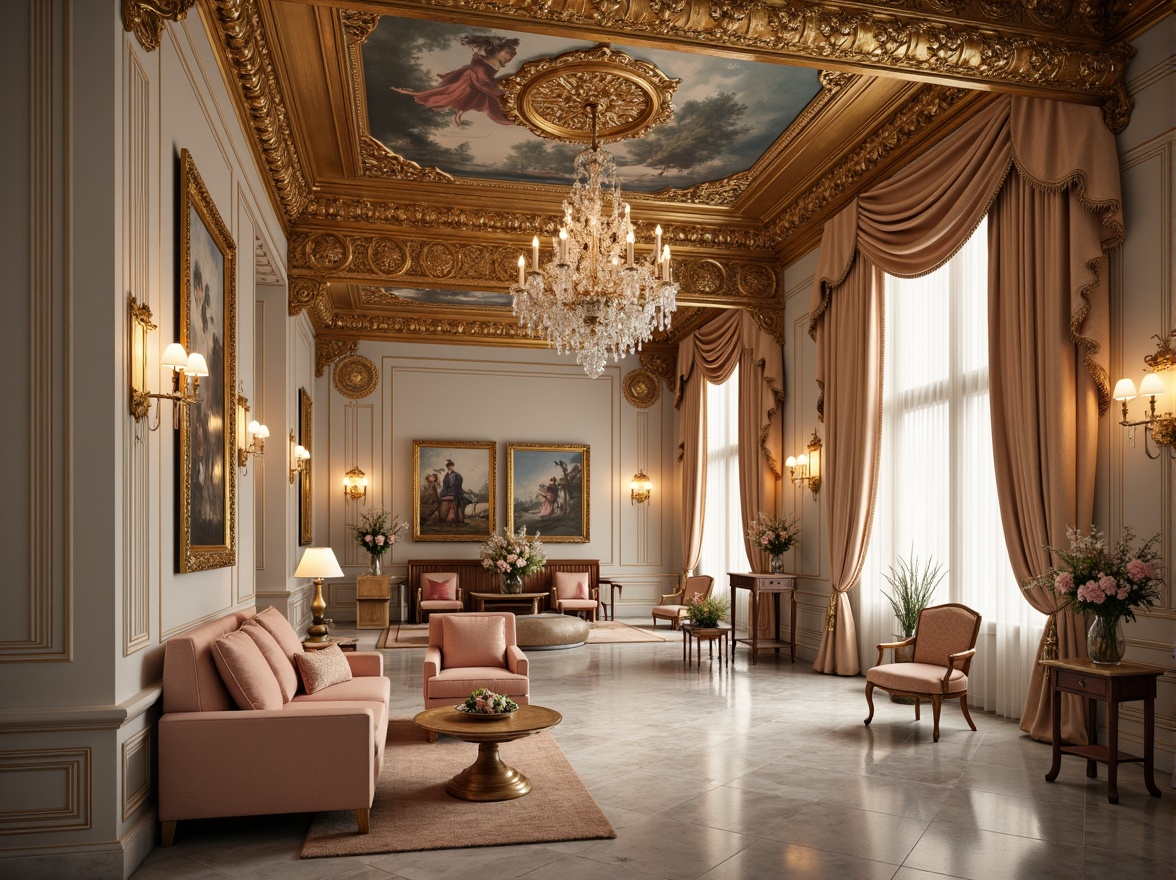 Prompt: Soft pastel hues, ornate gold details, lavish velvet fabrics, delicate lace patterns, intricate wooden carvings, opulent crystal chandeliers, grandiose ceiling murals, whimsical floral arrangements, luxurious silk drapes, majestic marble floors, warm candlelight ambiance, 1/2 composition, shallow depth of field, soft focus blur, vintage color grading.