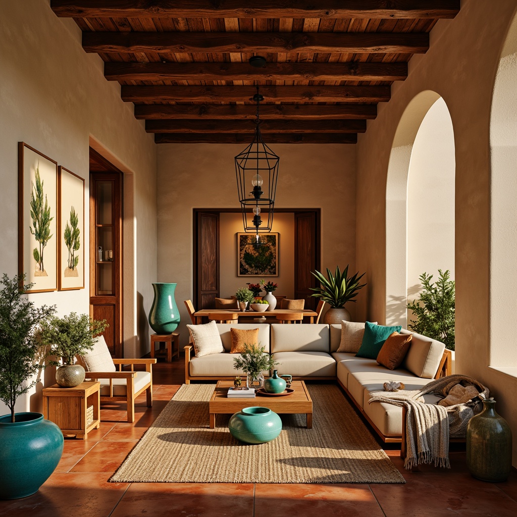 Prompt: Warm and inviting southwestern interior, rustic wood accents, earthy terracotta floors, vibrant turquoise pottery, woven textiles, natural fiber rugs, pendant lanterns, wrought iron chandeliers, warm beige walls, cozy nooks, plush sectional sofas, desert botanical prints, ambient warm lighting, soft golden hour glow, 1/2 composition, shallow depth of field, realistic textures.