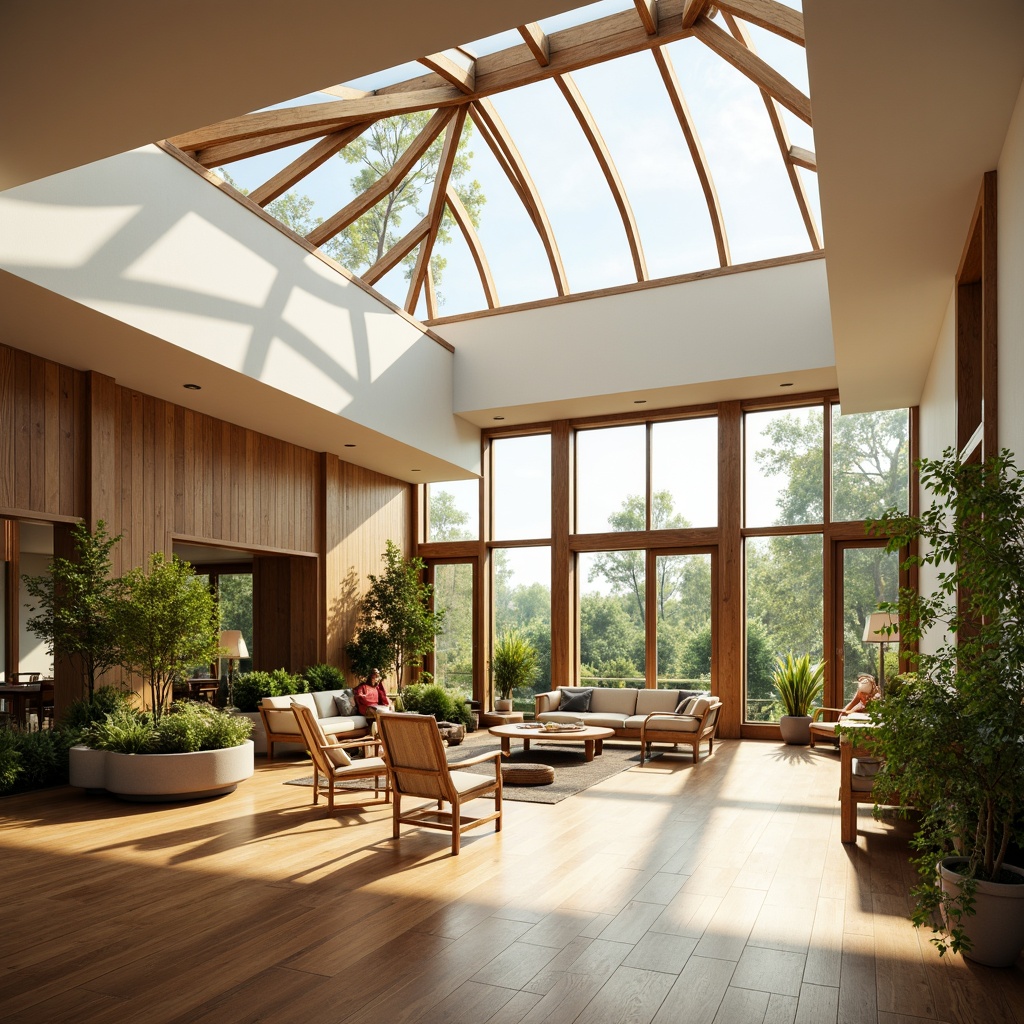 Prompt: Vibrant interior space, floor-to-ceiling windows, clerestory windows, skylights, transparent roof, natural light pouring in, soft warm glow, minimal artificial lighting, airy atmosphere, open floor plan, reflective surfaces, polished wood floors, creamy white walls, lush greenery, potted plants, wooden accents, organic textures, earthy tones, 1/2 composition, shallow depth of field, realistic render.