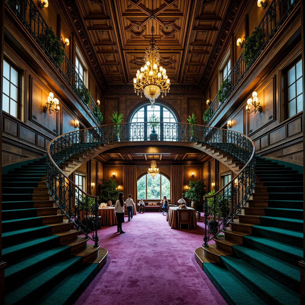 Prompt: Intricate ironwork, ornate railings, flowing curves, organic forms, rich jewel tones, emerald green, sapphire blue, amethyst purple, golden accents, bronze details, polished wood, velvety soft carpets, grand chandelier, warm ambient lighting, dramatic shadows, 3/4 composition, symmetrical balance, opulent textures, luxurious atmosphere.