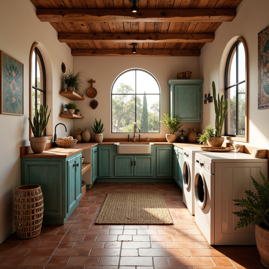 Prompt: Southwestern laundry room, terracotta tile flooring, warm earthy tones, vibrant turquoise accents, woven textiles, distressed wood cabinets, rustic metal fixtures, natural stone countertops, desert-inspired botanicals, cactus plants, sunny day, soft warm lighting, shallow depth of field, 3/4 composition, realistic textures, ambient occlusion.