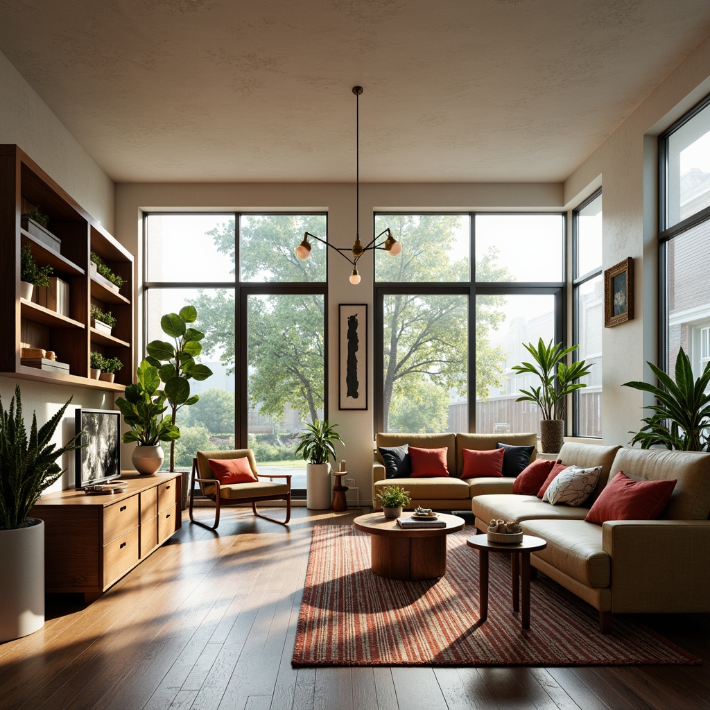 Prompt: Mid-century modern living room, large windows, natural light, wooden flooring, minimalist decor, sleek low-profile furniture, geometric patterns, bold color accents, organic shapes, curved lines, statement lighting fixtures, textured rugs, comfortable seating areas, greenery, indoor plants, cozy reading nooks, functional storage solutions, open shelving units, decorative screen dividers, warm earthy tones, soft ambient lighting, shallow depth of field, 2/3 composition, realistic textures, subtle atmospheric effects.