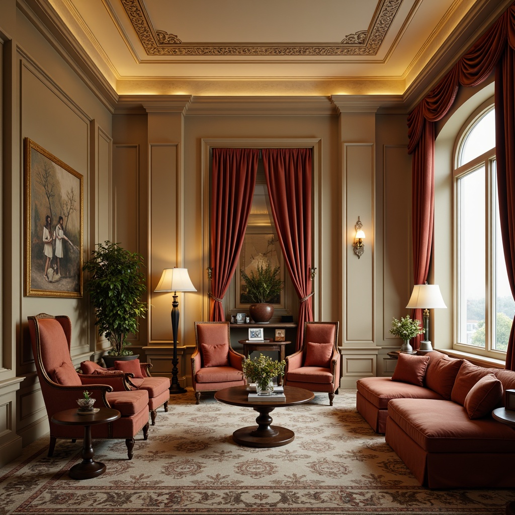 Prompt: Elegant interior space, classical furnishings, rich wood tones, warm beige walls, creamy white trim, ornate moldings, soft golden lighting, velvet drapes, intricate patterns, subtle textures, sophisticated color palette, earthy reds, muted blues, calming greens, neutral beiges, luxurious fabrics, refined accents, symmetrical composition, 1/1 aspect ratio, shallow depth of field, warm softbox lighting.