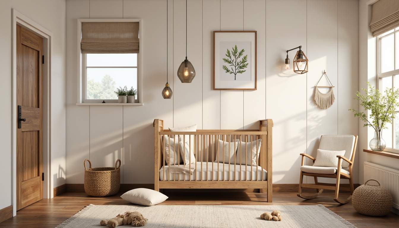 Prompt: Rustic wooden crib, soft warm lighting, creamy white walls, distressed wood accents, vintage metal lanterns, Edison bulb pendants, linen shades, natural fiber rugs, woven baskets, plush toys, gentle pastel colors, warm beige tones, farmhouse-style decor, cozy reading nook, comfortable glider rocker, whimsical wall art, nature-inspired mobiles, subtle rustic textures, soft focus, 1/1 composition, warm color temperature.