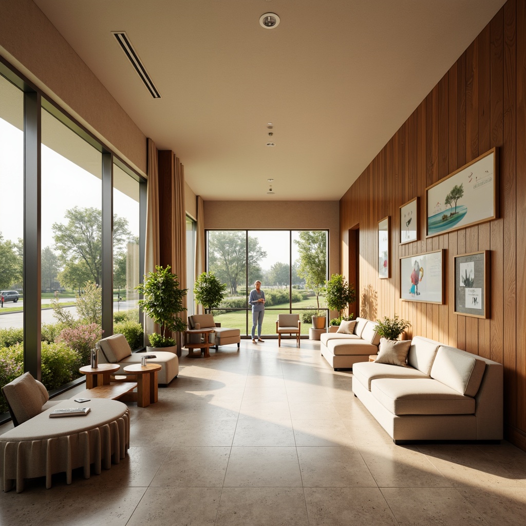 Prompt: Rehabilitation center interior, calming atmosphere, warm beige walls, textured concrete floors, natural wood accents, soft cushioned chairs, comfortable sofas, green plants, large windows, abundant natural light, gentle color palette, soothing ambient sounds, peaceful waiting area, modern medical equipment, stainless steel surfaces, ergonomic furniture design, accessible ramps, non-slip flooring, gentle warm lighting, shallow depth of field, 1/1 composition, realistic textures, ambient occlusion.