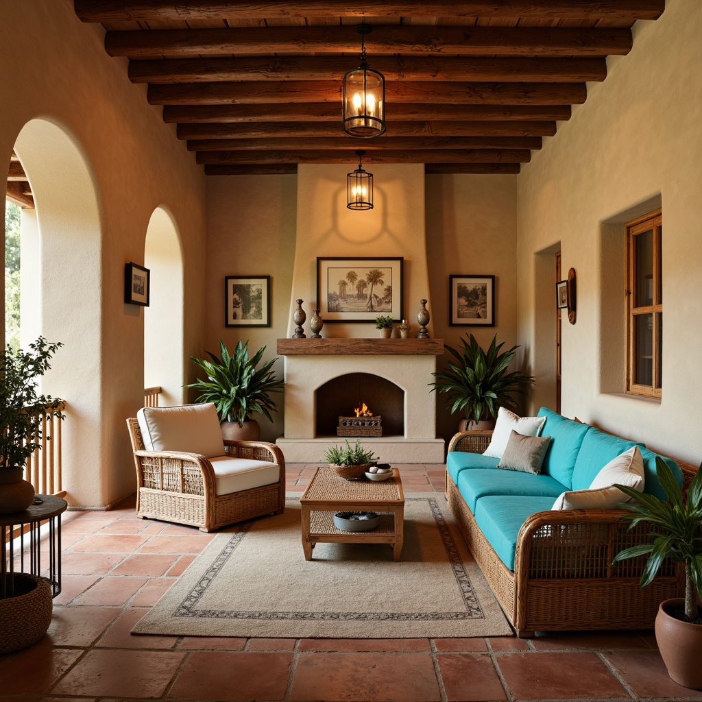 Prompt: Southwestern-inspired living room, warm beige stucco walls, rustic wooden beams, earthy terracotta floor tiles, vibrant turquoise accents, natural linen upholstery, woven rattan furniture, pendant lanterns, warm candlelight, soft diffused lighting, ambient shadows, shallow depth of field, 1/2 composition, warm color temperature, realistic textures, subtle grain effects.