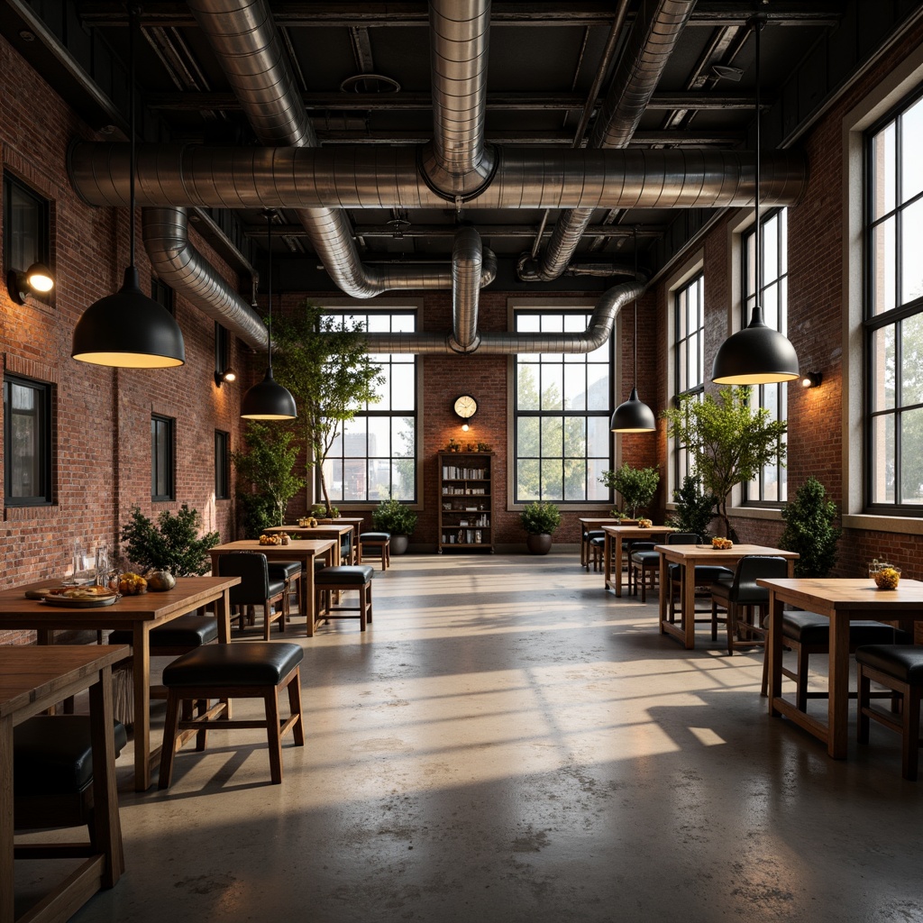 Prompt: Industrial warehouse, exposed ductwork, polished concrete floors, metal beams, functional lighting fixtures, pendant lamps, industrial-chic decor, reclaimed wood accents, urban loft atmosphere, soft warm glow, ambient shadows, 3/4 composition, shallow depth of field, realistic textures, high-contrast lighting.