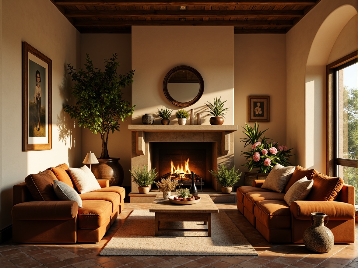 Prompt: Cozy living room, warm beige walls, rich wood furniture, plush velvet sofas, soft golden lighting, natural stone fireplace, earthy terracotta tiles, vibrant greenery, blooming flowers, serene atmosphere, 1/1 composition, intimate setting, realistic textures, ambient occlusion.