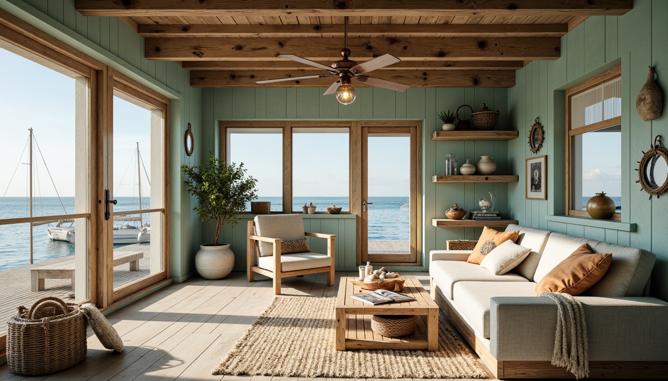 Prompt: Weathered wooden docks, nautical ropes, vintage anchors, driftwood accents, soft seafoam green walls, calming misty blue ceilings, warm beige sandy floors, rustic wooden furniture, natural linen upholstery, distressed copper lighting fixtures, woven jute rugs, shell-adorned decorative accessories, ocean-inspired artwork, sunny afternoon light, gentle sea breeze, 1/2 composition, atmospheric perspective, realistic wood textures.